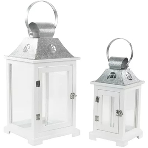 Set Of 2 White Wooden Candle Lanterns With Galvanized Metal <b>Tops</b> Farmhouse Style Decorative Indoor Outdoor Hanging Lanterns - Product Image 1