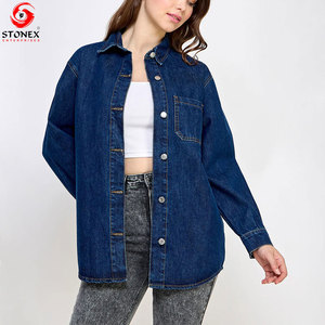 Chemise en jean unie surdimensionnée pour femme, à manches longues, boutonnée sur le devant, décontractée, en coton écologique, OEM ODM, vêtements personnalisés - Product Image 6