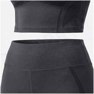 Women Sporty 2-Piece Set Short Sleeve Crop Top Full Length <b>Leggings</b> Solid <b>Black</b> Quick Dry Breathable Four-Way Stretch - Product Image 5
