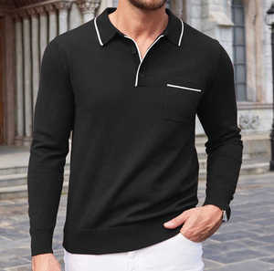 Men's Long Sleeve <b>Polo</b> <b>Shirt</b> Cotton Knitted Solid Color Casual Style <b>With</b> <b>Pocket</b> White Trim Collar 2027 - Product Image 4
