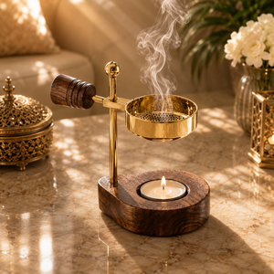 Antique Gold Finished Brass <b>Bakhoor</b> Burner Set With Tray & Tong Arabic <b>Oud</b> Incense Holder for Home Fragrance Ramadan Eid Gift - Product Image 4