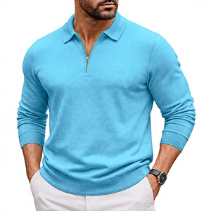 เสื้อโปโลแขนยาวผู้ชายสีน้ำเงินกรมท่า ผ้าถัก มีซิป สไตล์สมาร์ทแคชชวล สีพื้น ทรงปกติ - Product Image 3