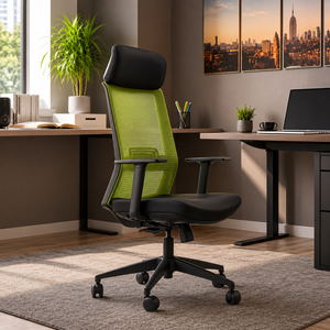 Chaise de bureau ergonomique moderne en tissu avec accoudoirs réglables électriquement et appui-tête intégré pivotant pour le bureau à domicile - Product Image 1