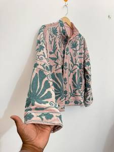 <b>Pink</b> Mandarin Collar Knitted Velvet Suzani Embroidered Jacket Green Floral Hand Embroidery Cotton Lining Eco-Friendly Boho Style - Product Image 3
