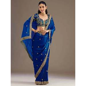 Dazzling Blue Embroidered Silk Festive Saree <b>Set</b> with Blouse - Product Image 6