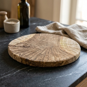 Tabla de cortar redonda de teca texturizada, bloque de preparación de madera tallado y acanalado, bandeja decorativa artesanal para charcutería - Product Image 3