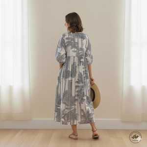 Cotton Floral Print Floor Length A LINE Dress O Neck <b>Three</b> Quarter Puff Sleeves Women's Daily Wear Embroidery Pocket Detail - Product Image 5
