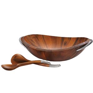 Bol à salade en bois de qualité supérieure avec ensemble cuillère et fourchette, finition naturelle, vaisselle de service pour la décoration de table, articles de cuisine - Product Image 1