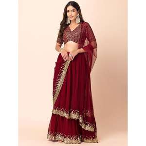 มารูนจีออร์แก็ตต์ประดับเลื่อมสีแดงเข้มที่น่ารักมีดีไซน์ lehenga choli กับ dupatta - Product Image 1