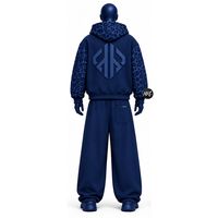 Survêtements à capuche bleu marine pour hommes, pantalons de survêtement avec motif de bateau en relief, coupe ample, fermeture éclair sur le devant, manches longues, streetwear avec poches latérales