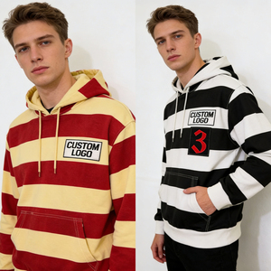Sweat-shirts à capuche personnalisés pour hommes, rayés, oversize, zippés, en polaire vintage, style streetwear décontracté, avec patch numéro brodé - Product Image 2