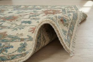 พรมขนสัตว์ถักมือลายดอกไม้ สีครีม-น้ำเงิน สไตล์วินเทจแบบตะวันออก สำหรับห้องนั่งเล่นและห้องนอน - Product Image 2