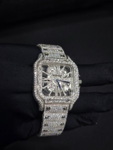 Montre de luxe en acier inoxydable avec mouvement mécanique, boîtier carré, chiffres romains, sertie de moissanite VVS, style hip-hop - Product Image 2