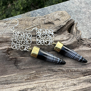 Wholesale Handcrafted 925 Sterling Silver <b>Black</b> Botswana Agate <b>Dangle</b> <b>Earrings</b> Two Tone Mixed Metal Spike Drop <b>Earrings</b> - Product Image 2