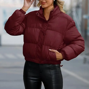 Doudoune Courte Femme Col Montant Fermeture Éclair Manteau d'Hiver Épais Style Décontracté Couleur Unie Rembourrage en Polyester - Product Image 5