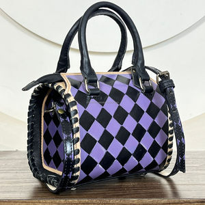 2026 New Arrival Purple Black Checkered Hand <b>Tooled</b> <b>Leather</b> Small Speedy Travel Bag Trending Travel Crossbody Duffel For Unisex - Product Image 5