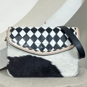 Premium Quality 2025 Tooled Cowhide Leather Crossbody & Shoulder Handbag for Women <b>Black</b> & <b>White</b> Checkered Design Handbag Purse - Product Image 4