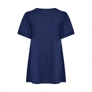 Trendy Women's Casual <b>Navy</b> Blue Short Sleeve Layered Ruffle Flare T Shirt Solid Colour Loose Fit Round Neck Daily Wear <b>Top</b> - Product Image 2