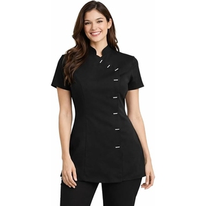 Women Black Beauty <b>Salon</b> <b>Tunic</b> Uniform Short Sleeve Mandarin Collar Spa Massage Therapist Beautician SPA <b>Salon</b> Nail Scrub <b>Tunic</b> - Product Image 1