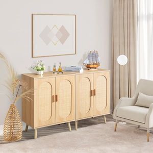 Mobiletto Portascarpe in Quercia e Rattan con Ripiani Regolabili e Doppia Anta per Soggiorno, Camera da Letto, Corridoio - Product Image 6
