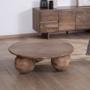 Vandana Golden Value <b>round</b> coffee <b>table</b> with a clean and organic design, made of <b>solid</b> mango <b>wood</b> - Product Image 4