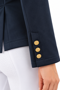 Chaqueta de equitación azul marino para mujer, abrigo para competición ecuestre con botones dorados, corte entallado y estilo de doma elegante - Product Image 4