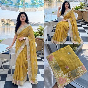 Sari en soie douce avec broderies de fils épais, idéal pour les fêtes et les mariages indiens, ensemble de sari de créateur brodé, pour l'hiver et l'été. - Product Image 4