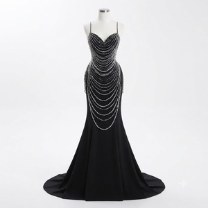 Robe de soirée sirène noire à perles et strass, dos nu, asymétrique, longue, pour soirée - Product Image 1