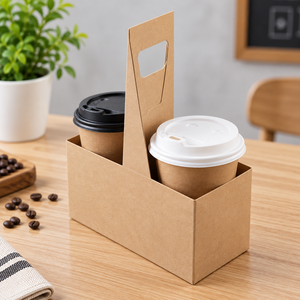 Support de tasse à café en papier kraft EcoRev biodégradable avec poignée, support jetable enduit de PE pour boissons chaudes à emporter - Product Image 1