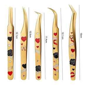 Pince à épiler en émail doré pour cils, motif cœur et rose, pince à eyeliner de précision, pointes courbées et plates pour salon de beauté - Product Image 2