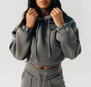 Custom Logo Casual Jogging Women Suit Blank Oversized Cropped Hoodie and Wide Leg Flare Jogger Sweat Pant 2 Piece Women <b>Set</b> - Product Image 6