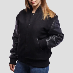 Women’s Custom Varsity Jacket With Leather Sleeves Classic Letterman Bomber Jacket Snap <b>Button</b> Closure Ribbed Collar & Cuffs - Product Image 1
