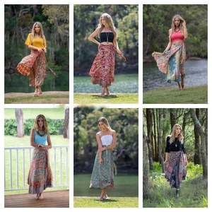 Women's <b>Boho</b> Vintage Printed 100% Silk Wrap <b>Skirt</b> Free Size Knee-Length Flowing with Adjustable Waist Design Washable Quick-Dry - Product Image 2
