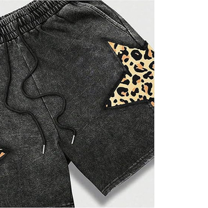 Vintage Men's Acid Wash Cotton Mid Waist Embroidered Shorts Custom Rhinestone Screen Print Logo Solid Pattern Jogging Shorts - Product Image 4