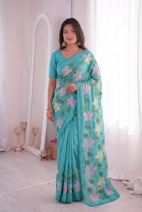 Turquoise Floral Embroidered Silk Saree With Lace Border Traditional Indian Wear For Women Wedding Occasion All Seasons - Product Image 1