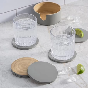 Ensemble de sous-verres ronds faits à la main en nacre grise mate de 10 cm de diamètre avec support en bois de bambou naturel, style moderne REHMAN CRAFT - Product Image 3