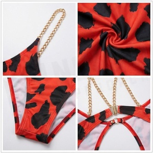 NORTH APPROACH Women One Piece Leopard Print Swimsuit Deep V Neck Hollow Out Chain Detail Stretch Bodysuit - Product Image 4