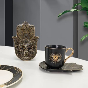 Ensemble de tasses en céramique œil porte-bonheur avec soucoupes Hamsa colorées, poignée dorée bohème, pour café turc et thé, coffret cadeau, vente en gros OEM - Product Image 2