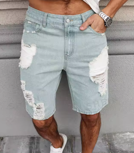Shorts en jean déchiré bleu clair pour homme, style décontracté d'été, coupe droite ample, streetwear - Product Image 1
