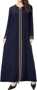 Abaya modesta hasta el suelo con cuello redondo, mangas largas, color sólido y detalles bordados para mujer - Product Image 2