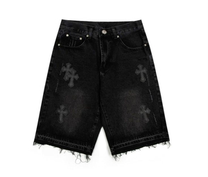 <b>Men's</b> Gothic Printed Denim Shorts With <b>Cross</b> Pattern And <b>Chain</b> Decoration Mid Waist Woven Cotton Shorts - Product Image 4
