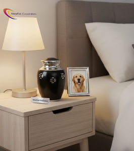 โกศบรรจุอัฐิสัตว์เลี้ยงอะลูมิเนียมสีดำสนิท ดีไซน์หรูหรา พร้อมฝาเกลียวล็อคแน่นหนา สลักลายอุ้งเท้าสีเงิน แสดงความรำลึกถึงสัตว์เลี้ยงอย่างสง่างามและยาวนาน สีที่สามารถกำหนดเองได้ - Product Image 4