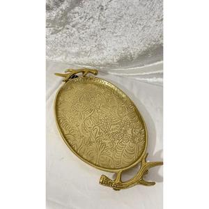 Oval Shape Metal Fruits <b>Snacks</b> <b>Tray</b> With Rose Petal Handles Decorative <b>Trays</b> For Parties Handmade Luxury Serving <b>Tray</b> Decor - Product Image 2