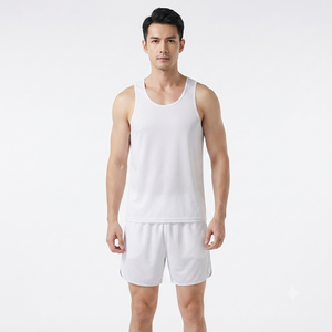 Men's White Solid Color Tank <b>Top</b> Set Crew Neck Sleeveless Quick Dry Sporty Summer Workout Shorts Athletic Wear - Product Image 2