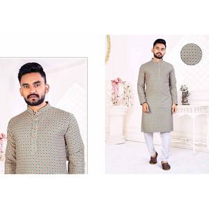 ผ้าลินินเนื้อนุ่มสำหรับงานแต่งงานพร้อมลำดับแบบโครเชต์พิมพ์ลายดิจิทัล Kurta & ชุดนอนสีเทา - Product Image 1