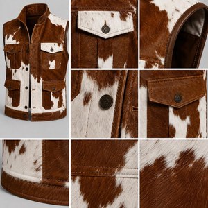 Gilet en cuir de vachette marron et blanc pour homme, col montant, décontracté, épais, patchwork, en cuir véritable, simple boutonnage, avec poches - Product Image 5