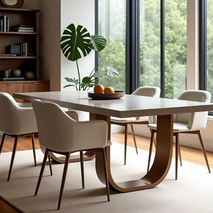 Mesa de Comedor Rectangular Minimalista de Piedra Sinterizada Mate, Diseño Creativo, Base de Madera Maciza de Nogal - Product Image 1