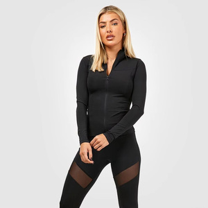 Women's Full Sleeve Full-Zip Solid Black Fitness <b>Jacket</b> Breathable Spandex Polyester Top Regular Fit All Seasons Sport Wear - Product Image 5