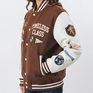 Veste universitaire personnalisée pour femme, col rond, 100% laine, manches en cuir avec patchs, veste universitaire tendance pour femme, style streetwear - Product Image 5