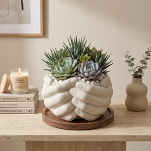 Decorative Ceramic Hand Planter Pot with Wooden Saucer Ivory Indoor <b>Vase</b> for Café Restaurant Décor - Product Image 1